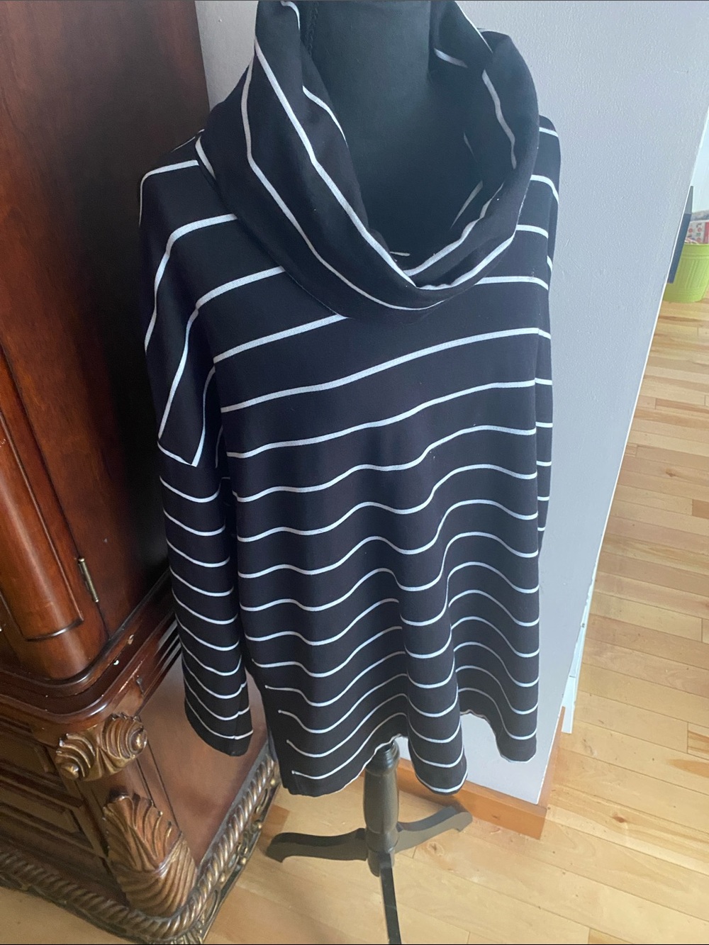 Shambhala Black and White Striped Cowl Neck Top